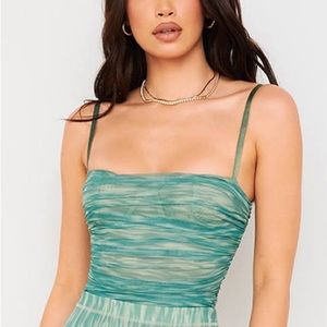 House of CB Pearl Ruched Mesh Bodysuit in Ivy Print